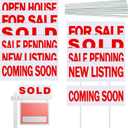Juexica 12 Pcs Real Estate Rider Signs 6" x 17.2" Open House Signs for Real Estate Double Sided Waterproof Plastic Coming Soon Sold Sign Bundle with 24 Stakes 6 Different Messages Supplies, Red Letter