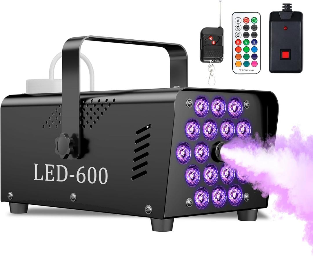 600W Fog Machine, 18 LED Lights with 13 RGB Colors, 2500 CFM Output, Wireless Remote Control, for Halloween, Wedding & Stage, Black