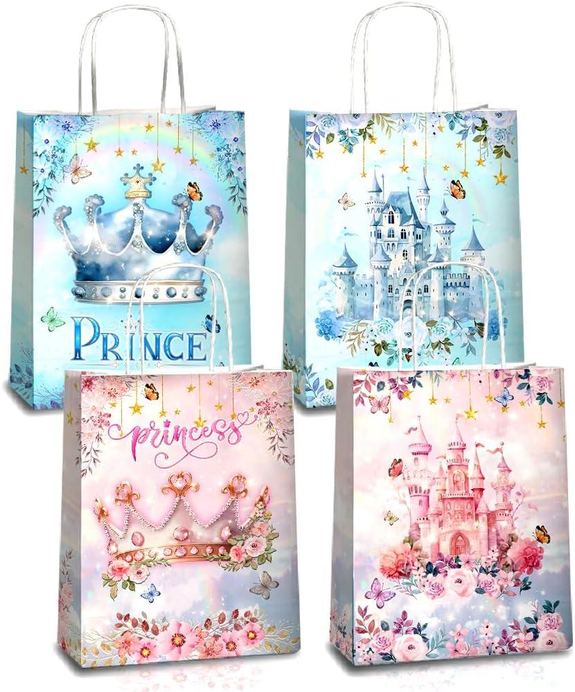 24 Pcs Princess Prince Party Favor Bags with Handles - Prince Princess Castle Goodie Gift Candy Treat Paper Bags for Birthday Gender Reveal Baby Shower Party