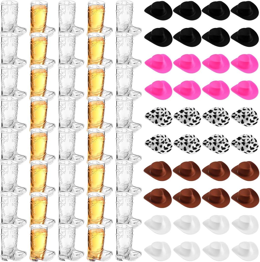 Sumind 40 Pcs Western Party Decoration Supplies Plastic Mini Cowboy Hats with 1 oz Miniature Cowgirl Cowboy Boot Shot Glasses