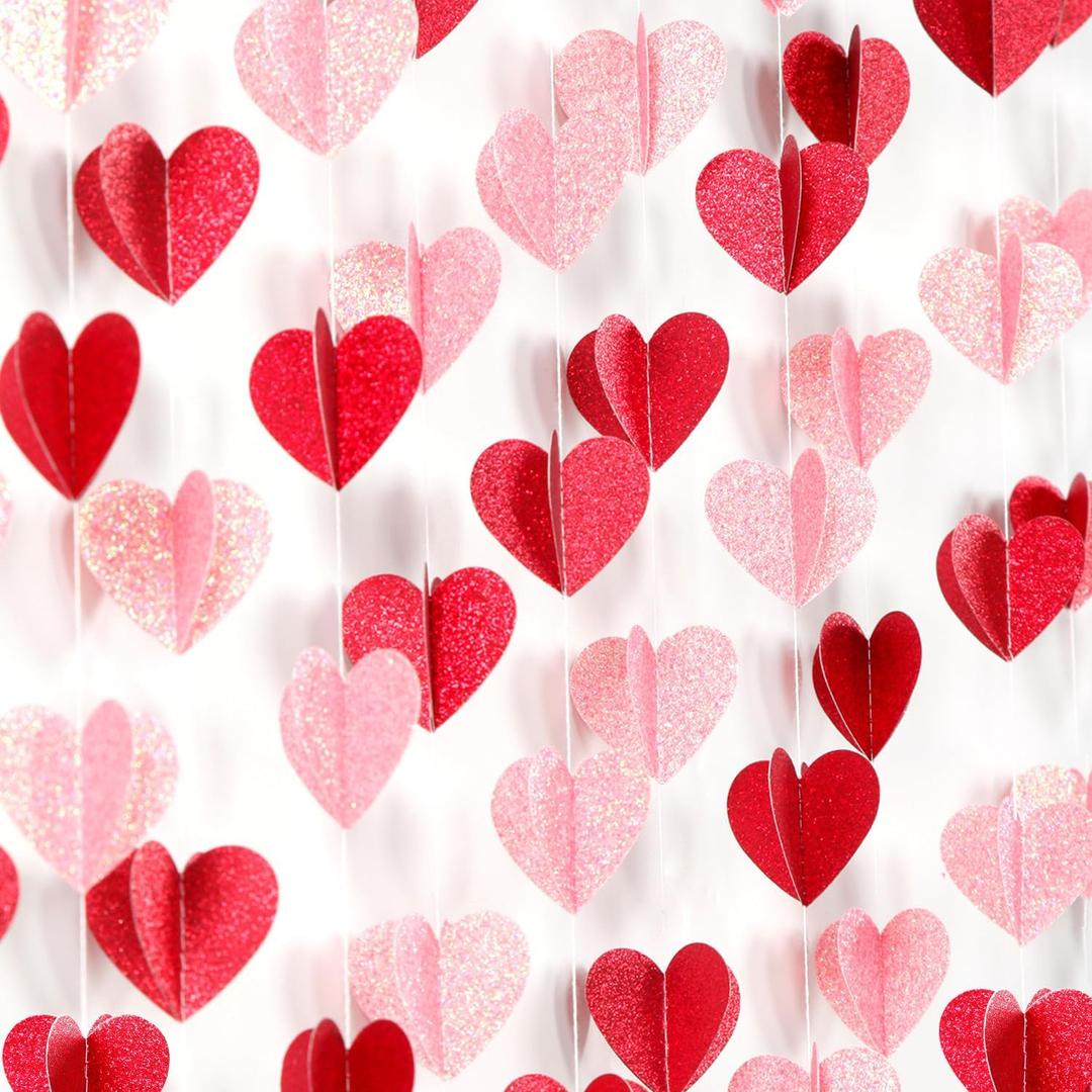 Galentines Party-Decorations Valentines-Day 3D-Heart Garland - 40ft Red Pink Streamers Paper Banner, Proposal Anniversary Romantic Birthday Baby Shower Rustic Wedding Hanging Ornaments Decor Hugfond