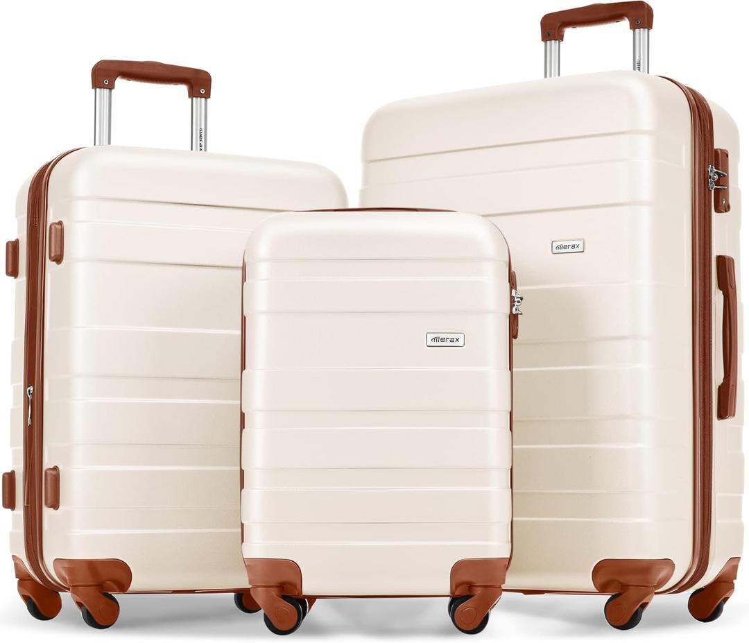 Merax 3 Pcs ABS Hardside Luggage Sets TSA Lock Spinner Wheel Suitcases, Pearly White, 20/24/28 Inch
