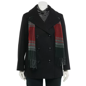 LONDON FOG womens Double Breasted Peacoat With Scarf Pea Coat, Black S