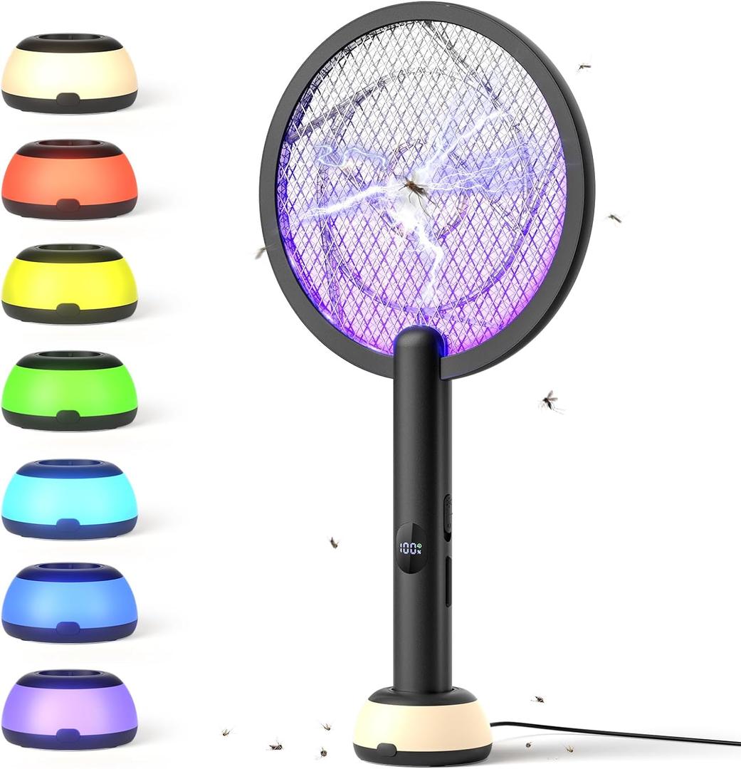 YISSVIC Electric Fly Swatter Bug Zapper Racket 4000V LED Screen Dual Modes Fly Zapper Rechargeable for Indoor Home Office Backyard Patio Camping (Black)