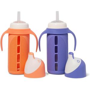 Tabor Place Set of 2 - Glass Sippy Cup for Toddlers - The Luca | Spill-Proof | Silicone Straw | Orange & Indigo Purple | 8 oz | Liquids Never Touch Plastic | Removable Handles (purple)