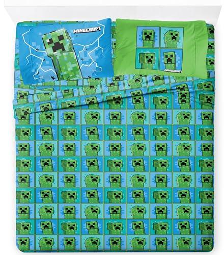 Jay Franco Kids Sheet Set with Fitted, Flat Sheets & Pillow Cover - Ultra-Soft Bedding with Pillowcase for Room Decor, Blue - Minecraft Creeper, 4 Piece Queen