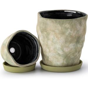 Pkeo Bbun 4+6 Inch Ceramic Planter Set of 2 with Drainage Hole,Saucer for Plants, IndoorOutdoor Large Round Succulent Orchid Flower Pot Cement Paint, Innerpots not Larger Than 5 Inch Light Green