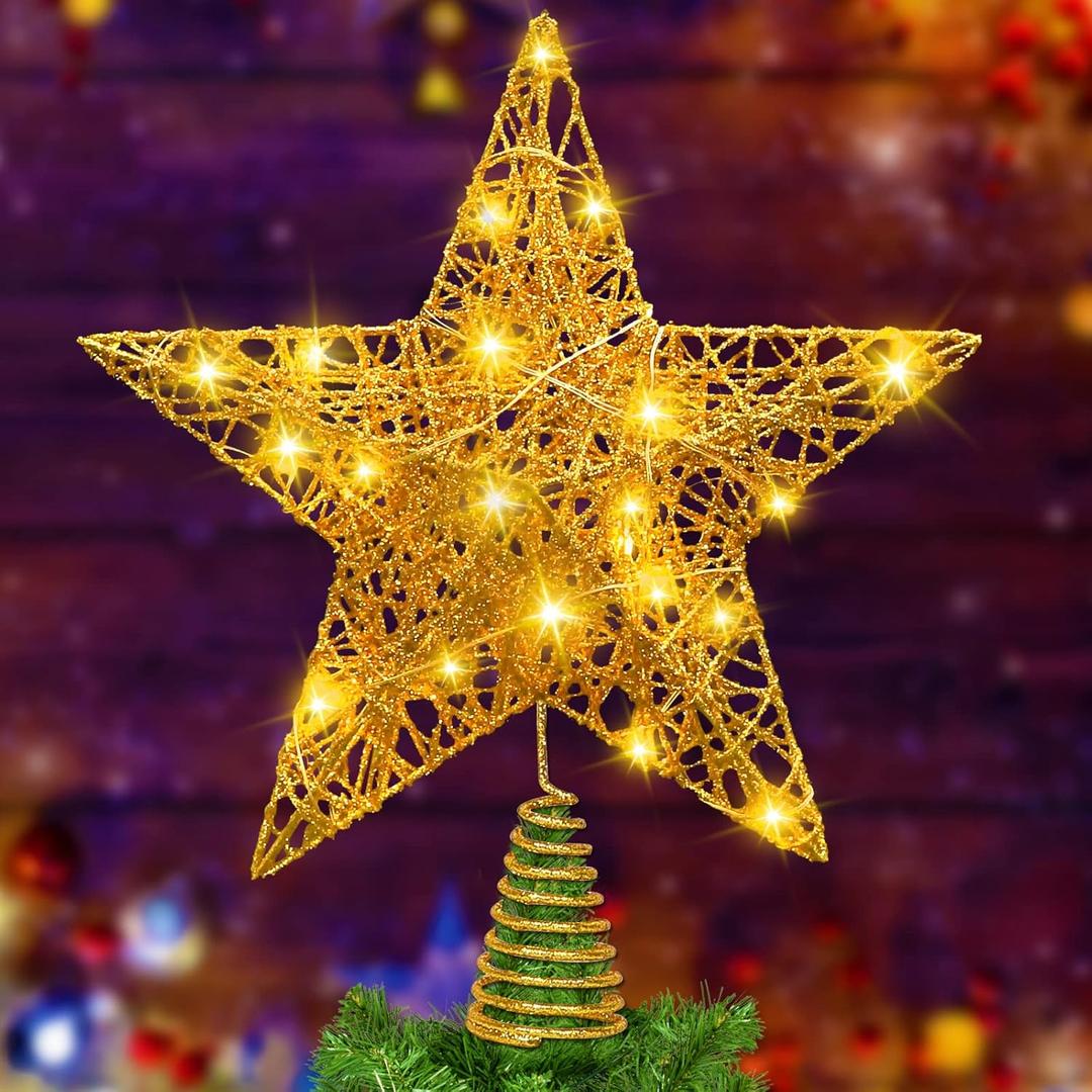 11.8 Inch LED Star Tree Topper - Gold Metal Ornament with 20 Lights for Christmas Tree Decoration New Year Holiday Decor Gold