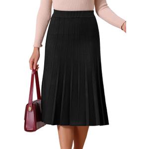 Seta T Women's Pleated Skirts High Waist Stretchy A Line Ribbed Knit Sweater Midi Skirt Fall Winter Outfits Small Black