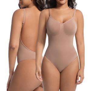 Backless Thong Shapewear for Women with Tummy Control, Seamless Sculpting Bodysuit for Workouts and Daily Wear (Small-Medium, Mocha)