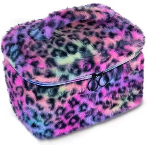 Plush Travel Makeup Bag Toiletry bag for Women Soft Fluffy Cosmetic Bag Portable Foldable (Rainbow Leopard)