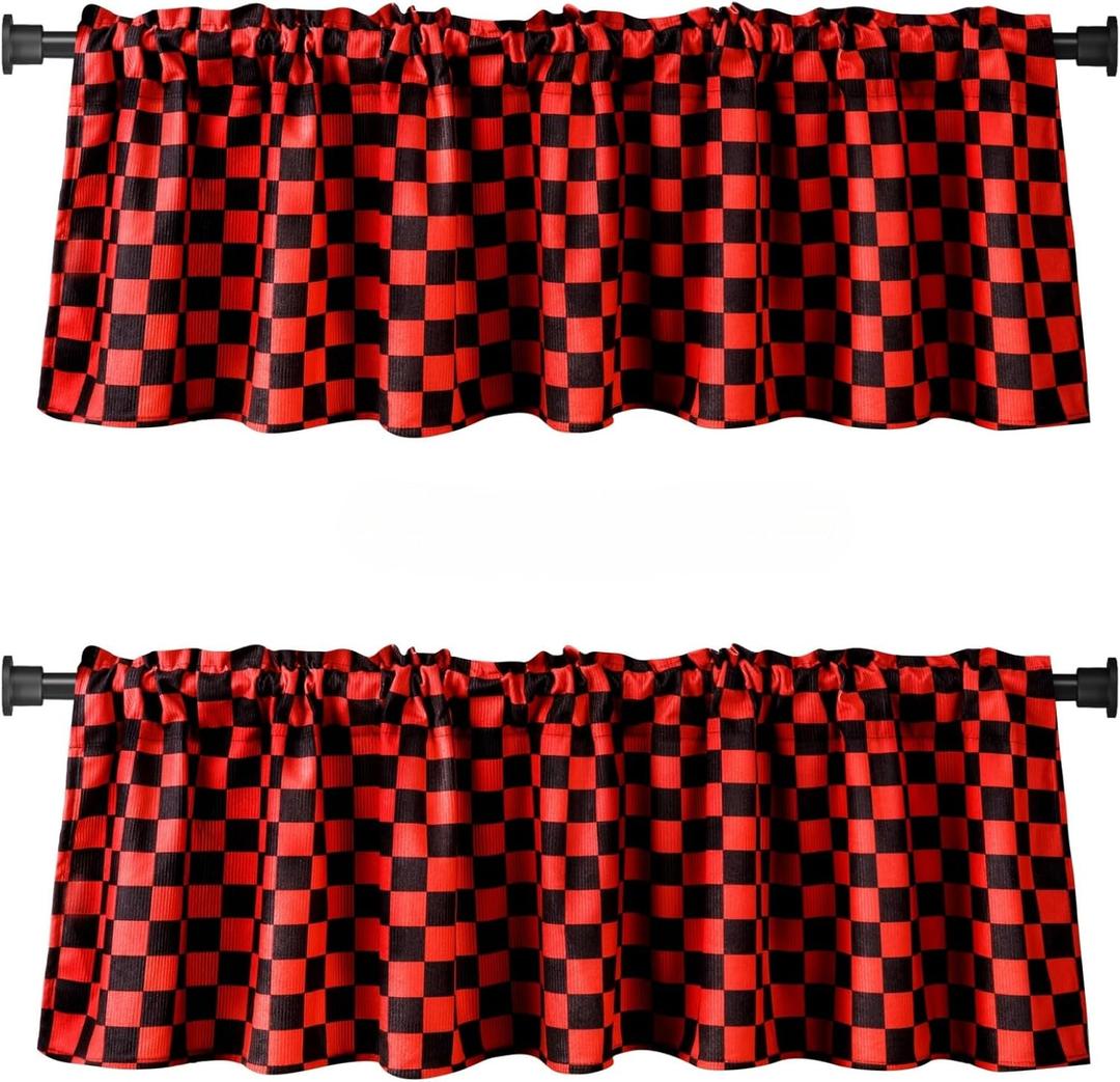WOSIBO 2 Pack Checkered Plaid Windows Valances Retro Checkerboard Valance Curtains 16" x 56" Farmhouse Design Window Treatment Rod Pocket Valances for Kitchen/Living Room (Red and Black)