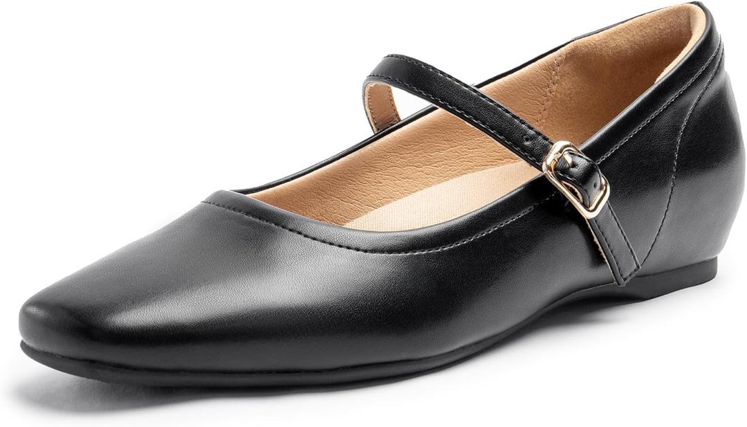 Mary Jane Flat Shoes with Arch Support and Hidden Wedge Heel, Women Ballet Flats, Mary Jane Flats, Comfortable Dress Shoes (5, Black)
