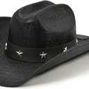FLUFFY SENSE. Cowboy Hat for Women and Men - Straw Cattleman Crease Western Hats with Upgrade 4 inches Shapeable Wide Brim (6 7/8-7 1/2, Black)