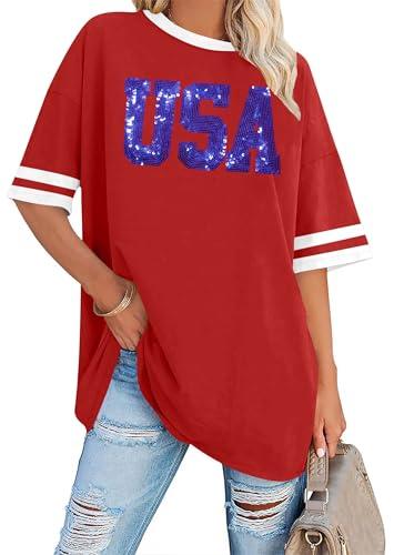 American Flag Shirts Women Oversized USA Shirt 4th of July T-Shirt Patriotic Tee Star Stripe Short Sleeve Tops (Red3, Small)