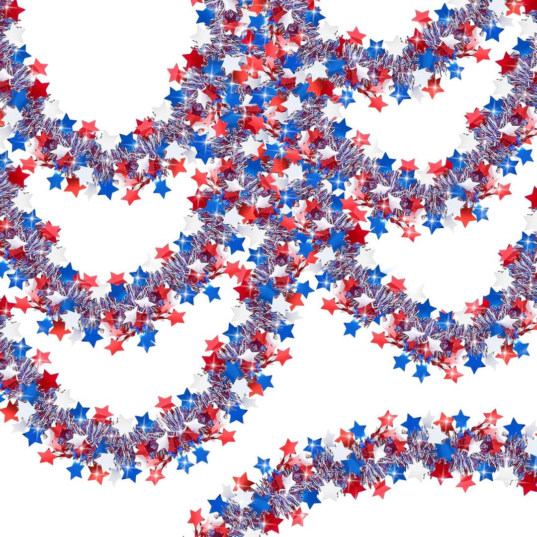50FT 4th of July Garland Red White and Blue Tinsel Garland Patriotic Star Garlands for Red White and Blue Memorial Day Decor Independence Day 4th of July Decorations (Style 1)