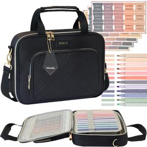 Bible Cover for Women Bible Case, Large Bible Bag, Bible Study Supplies Bible Journaling Kit Book Carrying Case with Bible Highlighters Tabs, Valentines Day Christian Gifts for Women (Black)
