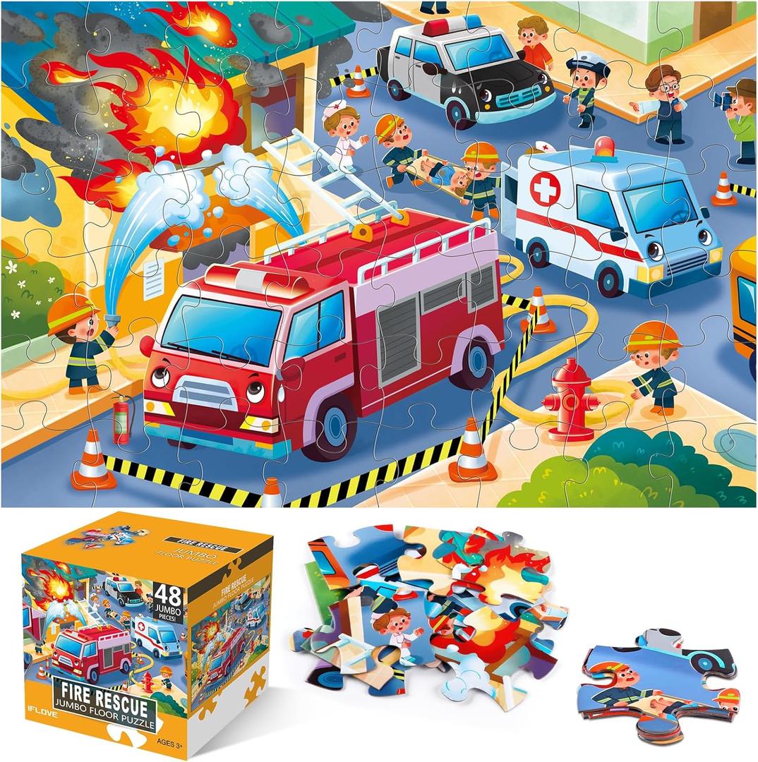 Jumbo Floor Puzzle for Kids, Fire Rescue Jigsaw Large Puzzles, 48 Piece Firefighter Fireman Fire Truck Puzzle for Toddler Ages 3-5, Children Learning Preschool Educational Toys, Gift for 4-8 Years Old