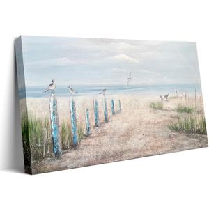 Waowumar Seascape Canvas Wall Art Hand-Embellished Coastal Ocean Painting, 40x20 Inch Textured Beach Decor for Living Room & Bedroom