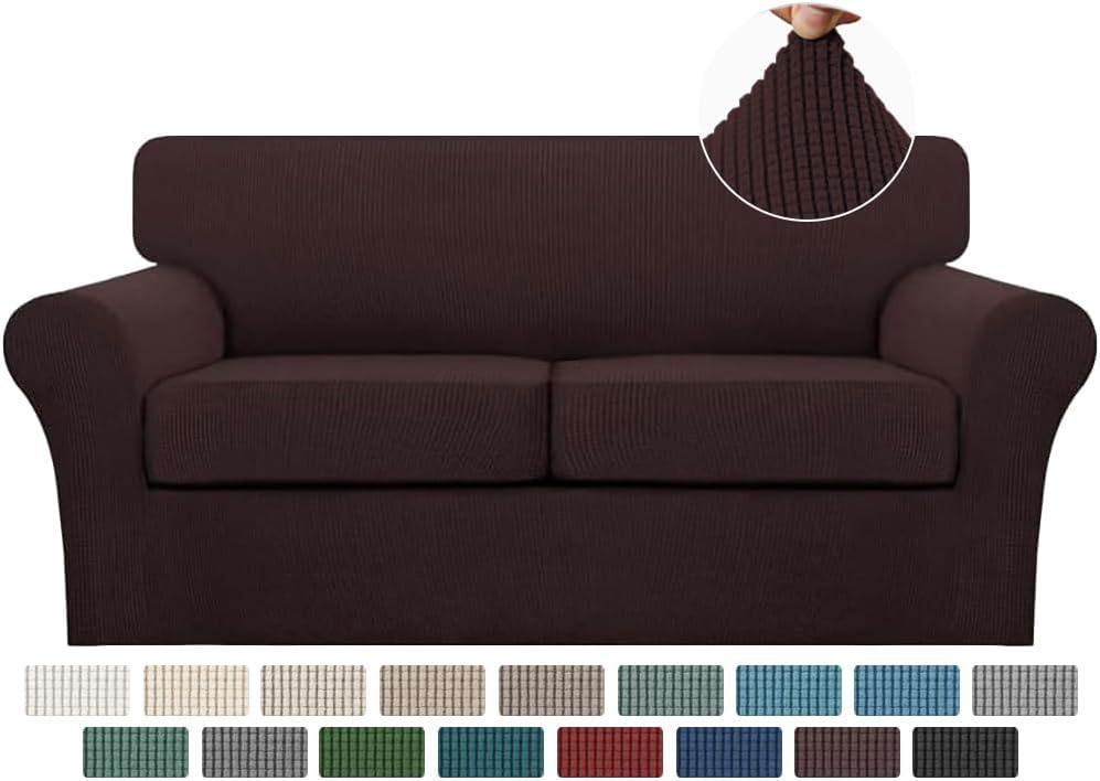 Turquoize 3 Piece Sofa Covers For 2 Cushion Couch Sofa Slipcover Soft Couch Cover For Dogs-Washable Sofa Furniture Covers With 2 Individual Cushion Covers, Feature Thick Fabric (2 Cushion Sofa, Brown)