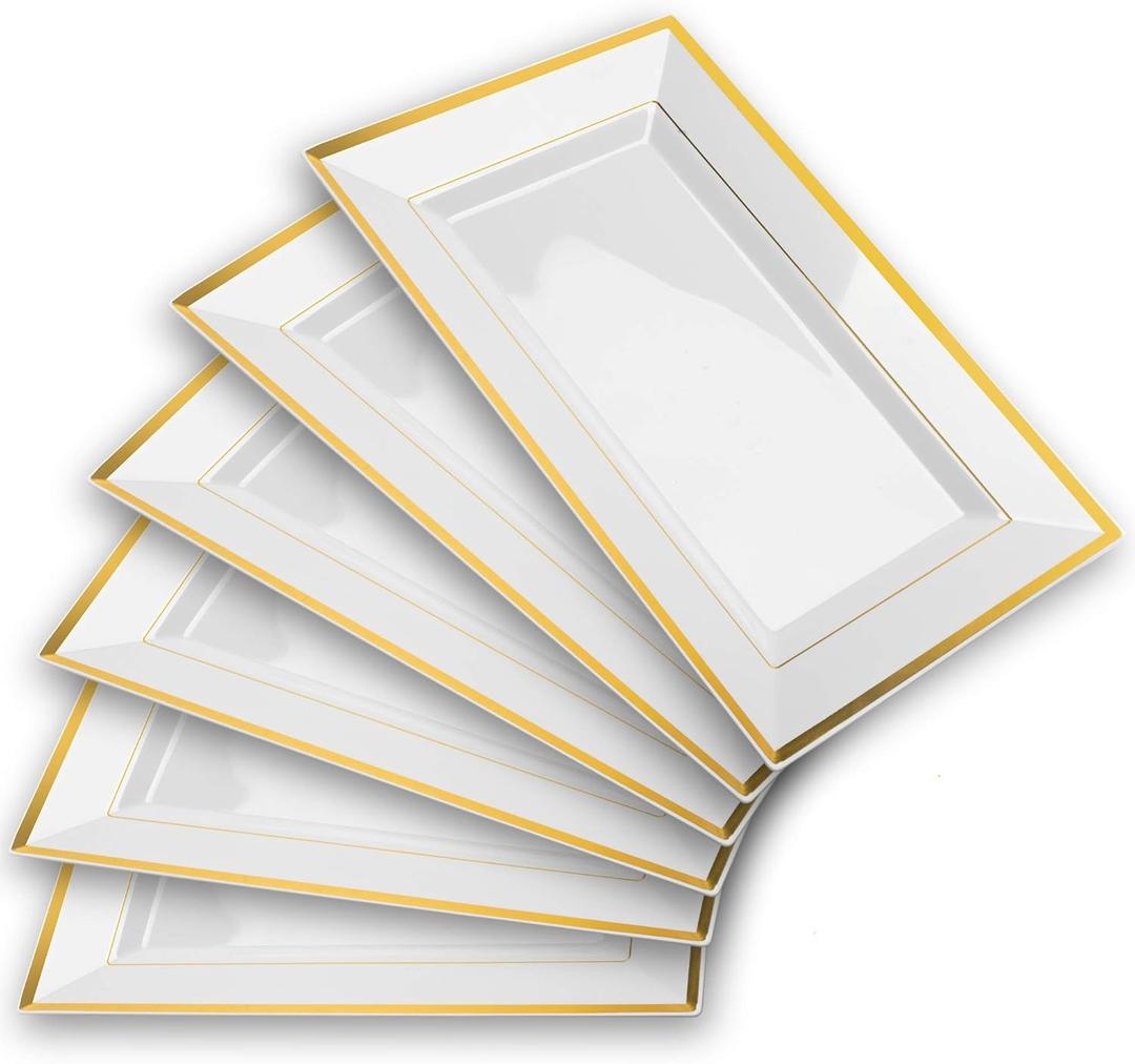 Elegant Plastic Serving Tray & Platter Set (6pk) - White & Gold Rim Disposable Serving Trays & Platters for Food - Weddings, Upscale Parties, Dessert Table, Cupcakes - 8 x 12.85 inches