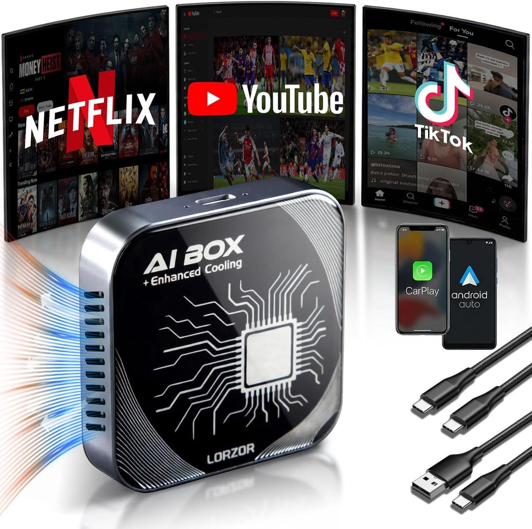 2026 Upgraded 3 in 1 Wireless CarPlay Adapter,Enhanced Cooling Fan,AI Magic Box Video Player for Apple iPhone&Android, Built-in Net-Flix YouTube Tiktok with 5.8GHz WiFi USB TF Card for OEM CarPlay Car