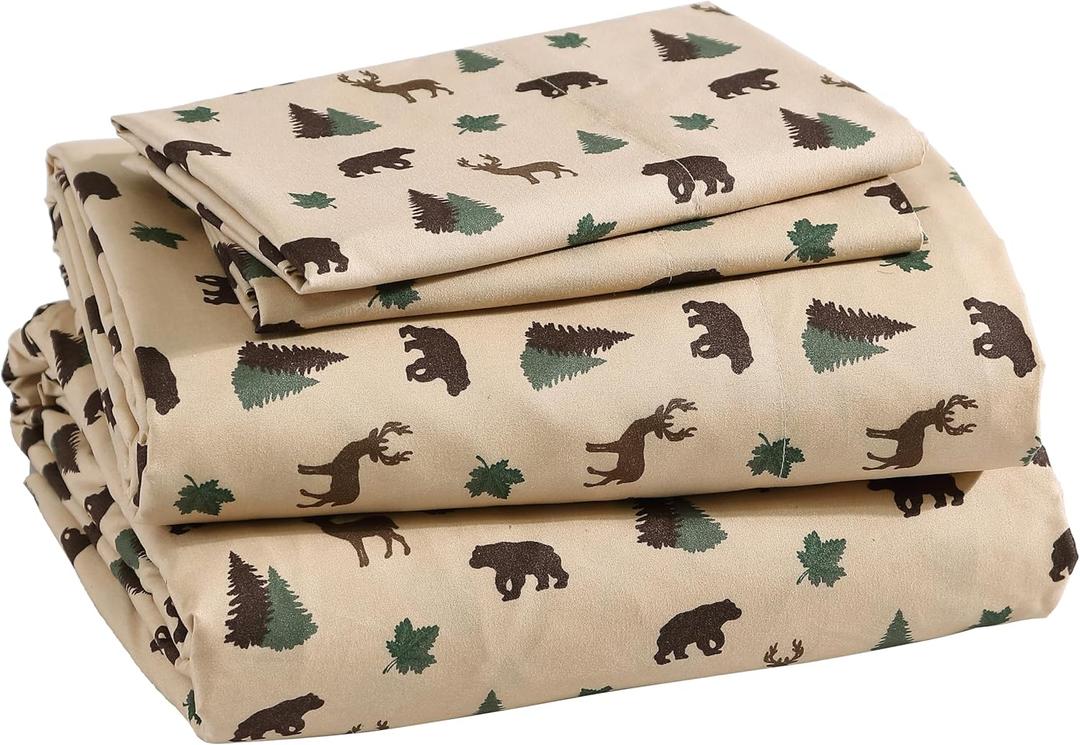 Beatrice Home Fashions Cozy Cabin 4-Piece Queen Microfiber Bedding Sheet Set with Deep Pockets Rustic Patchwork Plaid Deer, Brown Tan Green