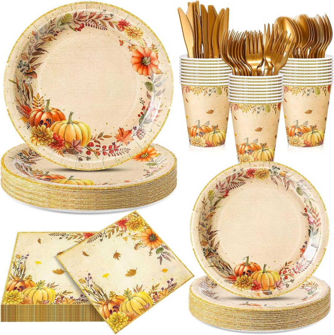 Honeydak 210 Pcs Fall Party Supplies for 30 Guests, Includes Plates, Cups, Napkins, Cutlery - Autumn Pumpkin Maple Tableware Decoration for Thanksgiving, Fall Harvest Party