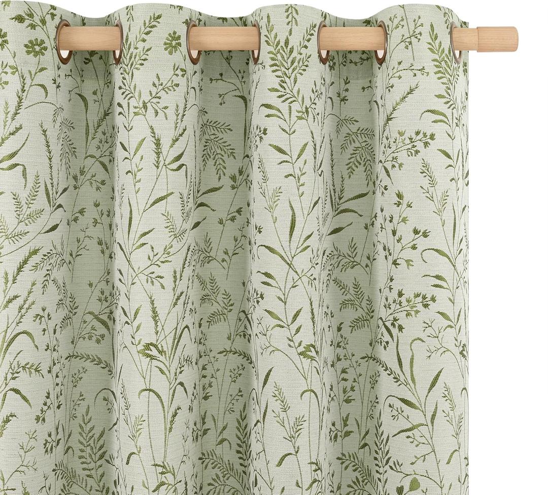 BGment Green Leaf Linen Curtains for Living Room 84 Inch Length, Botanical Branch Floral Patterned Cottage Core Farmhouse Vintage Linen Curtains Light Filtering Window Drapes, 52 x 84 Inch, Sage Green