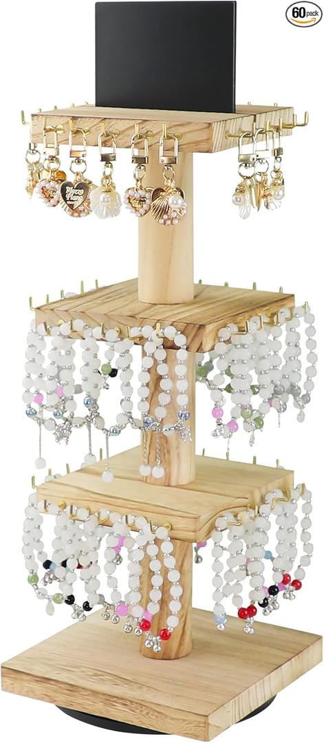 ERTIUANIO Bracelet Holder Display, 3 Tier Wooden Rotating Display Stand for vendors, 60 Hooks for Bracelet, KeyChain, Necklace, Jewelry