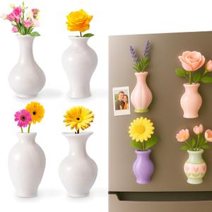 4pcs Ceramic Vase Fridge Magnets, Decorative Tiny 3D Plant Magnets Cute Refrigerator Decoration for Kitchen Office Locker (White)