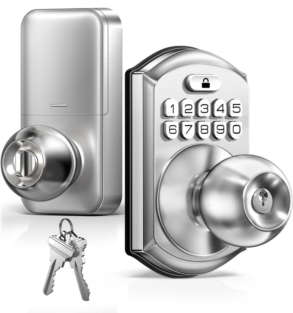 TEEHO TE003 Keyless Entry Keypad Door Lock with Handle, Electronic Digital Smart Deadbolt Locks with 2 Backup Keys, Door Knob with Code for Front Door Bedroom, Auto Lock, Easy to Install, Satin Nickel