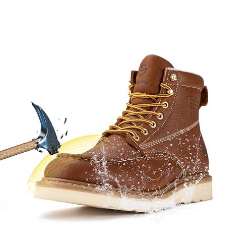 SUREWAY 6 in Mens Soft/Steel Toe Work Boots for Men-Full Grain Leather,GoodyearWelt,Non-Slip EH Safety Industial Construction Wedge Moc Toe Work Boots/Shoes,Waterproof Steel Toe,Size 9.5
