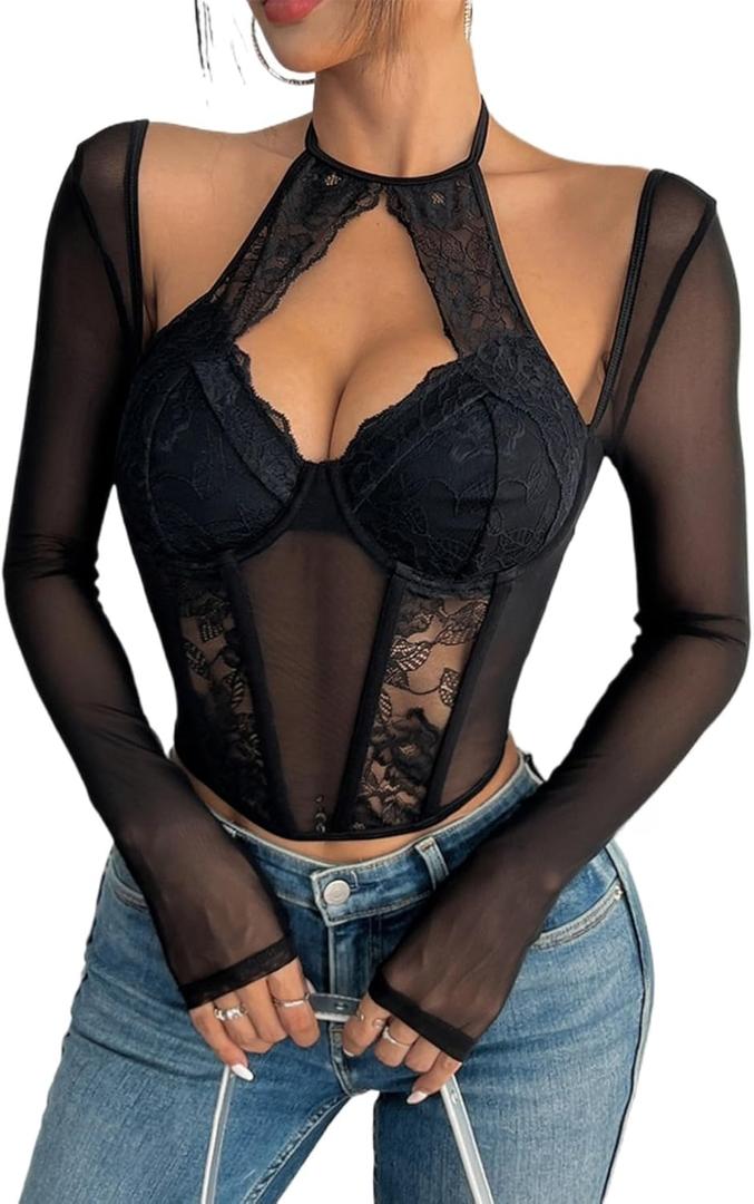 Sexy Sheer Lace Mesh Top for Women  Hollow-Out Halter Crop Bustier Long Sleeves Slim Fit Blouse (Medium, Black)