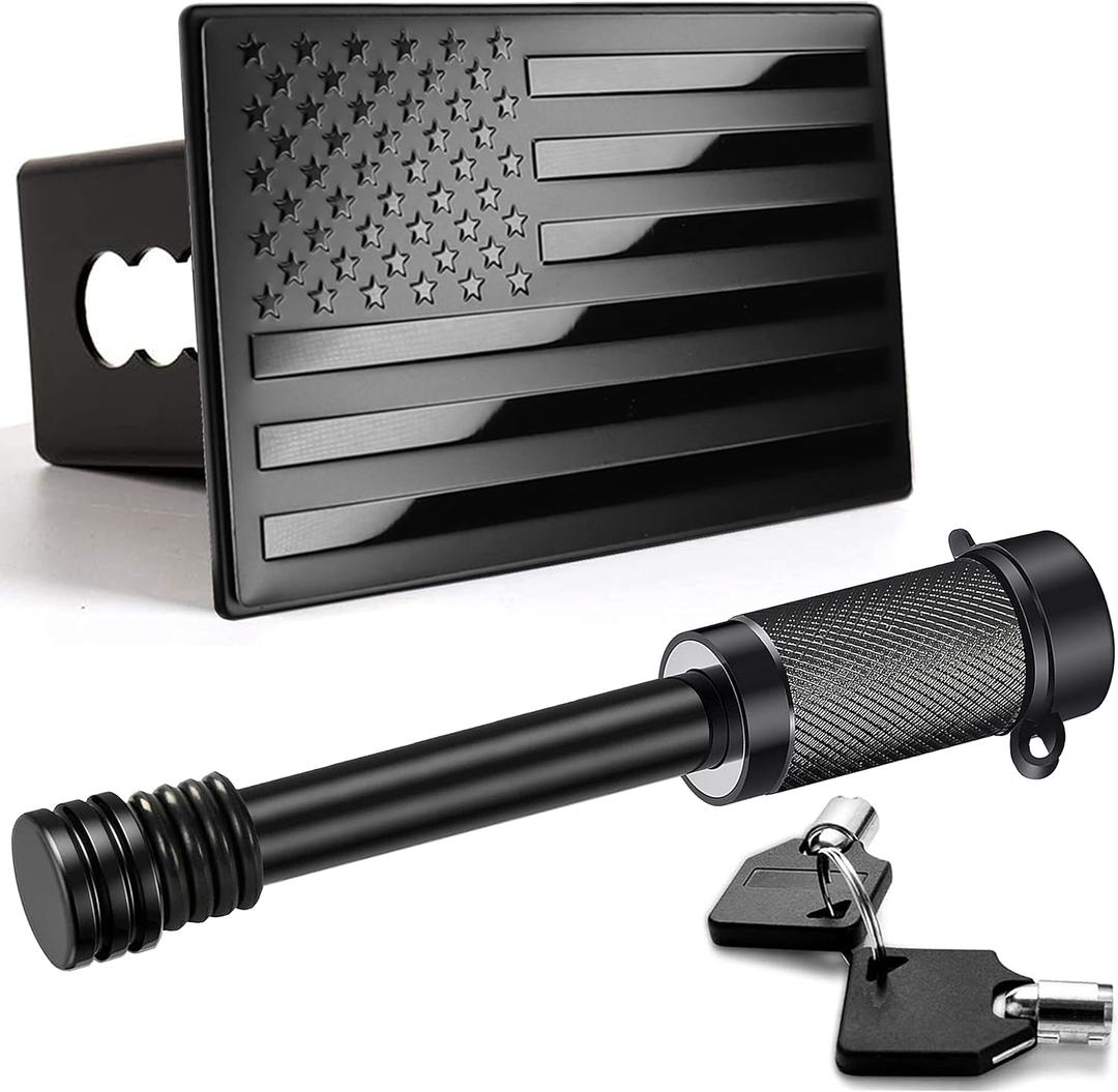 American Flag Metal Trailer Hitch Cover for 2 inch Receivers (with 5/8-Inch Pin Diameter Trailer Hitch Lock (Black)