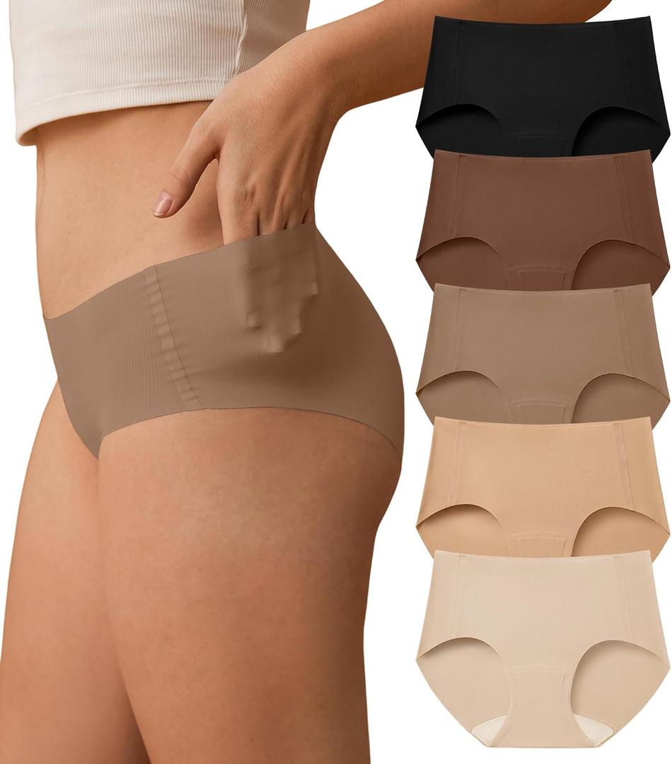 SHARICCA Womens Seamless Underwear No Show Hipster Panties Invisible Lightweight Nuage Bikinis Briefs Microfiber Pack (XX-Large, 5p - Soft Browns & Nudes)