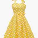 Women Halter Neck 50s Vintage Polka Dot Cocktail Swing Dress Retro Pinup 1950s Audrey Hepburn Rockabilly Prom Dress Lace Up Backless A-Line Wedding Formal Party Casual Belt Dresses Halter-Yellow SizeM
