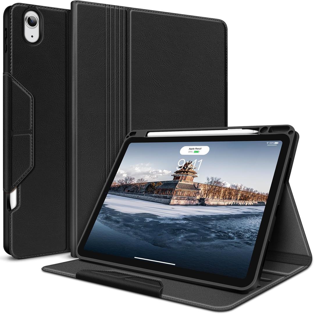 H HOLIMET Case for iPad Air 11" 2026 M4/M3 (2025)/ M2 (2024)/ iPad Air 4th & 5th Generation10.9 Inch 2022/2020 Soft Back Shockproof Protective Cover with Pencil Holder Vegan Leather Auto Sleep/Wake (Black 2nd)