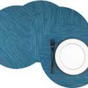 WAZAIGUR Round Placemats Set of 4 Woven Vinyl Easy to Clean Heat Resistant Kitchen Table Mats 15 Inch(Blue 4)