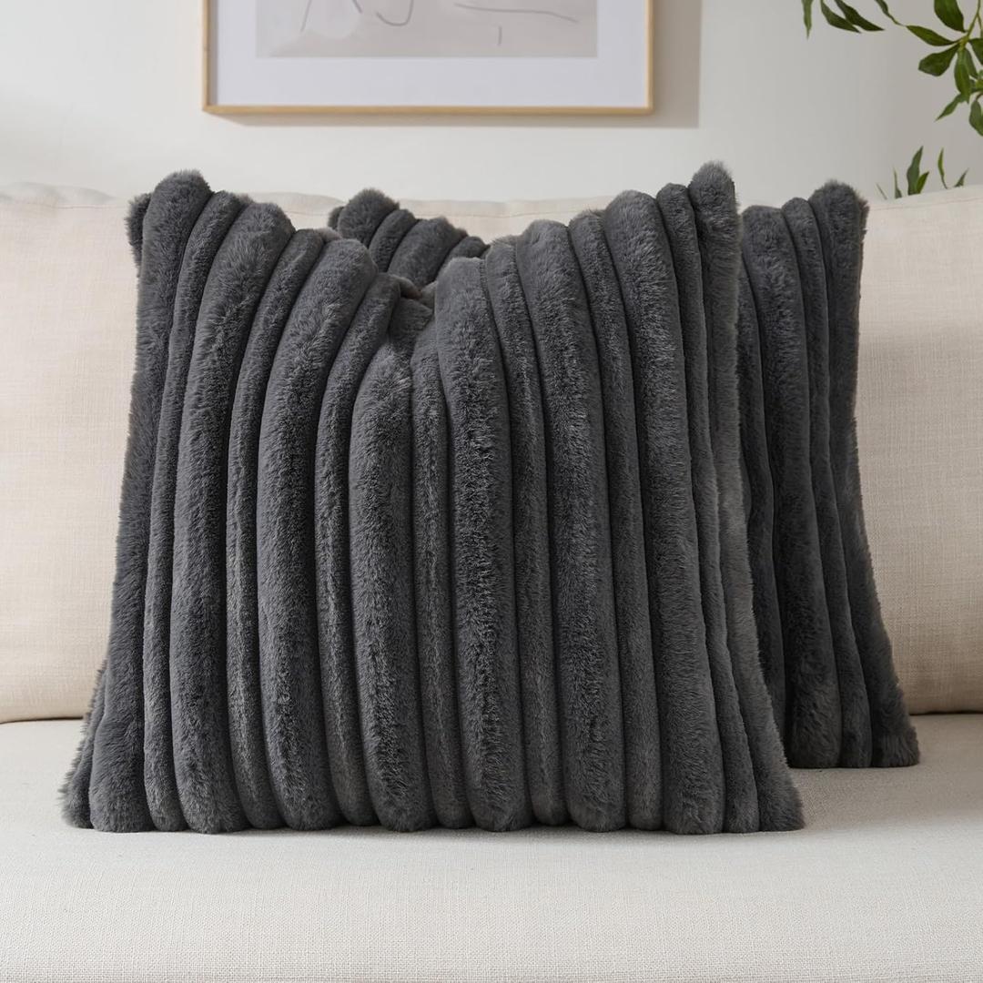FUTEI Pack of 2 Faux Rabbit Fur Throw Pillow Covers 18x18 Inch Soft Fluffy Thick & Thin Striped Textured Decorative Cushion Case Modern Farmhouse Accent for Couch Bed Living Room, Charcoal