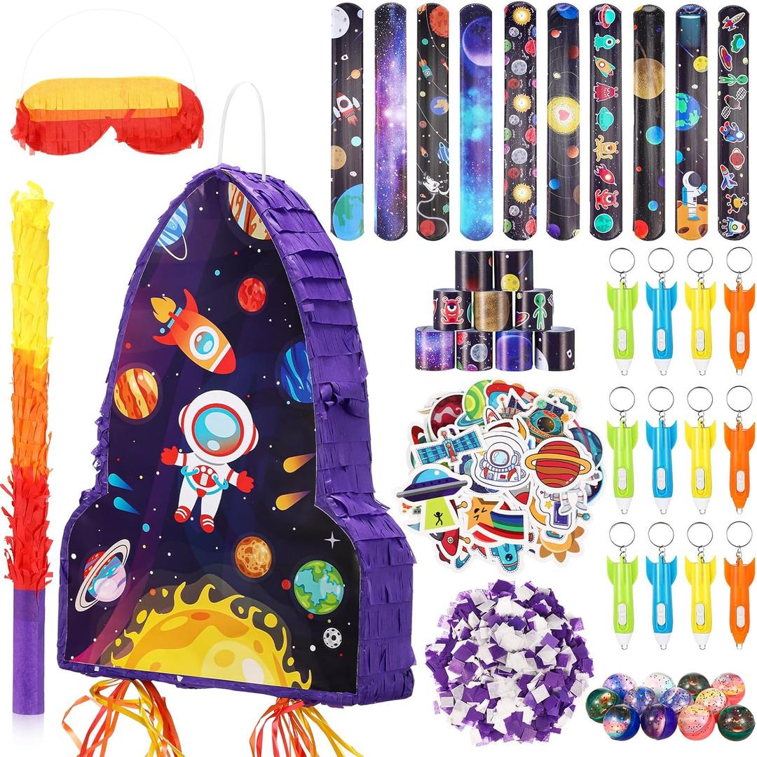 Meooeck 90 Pcs 16 x 12 x 3 Rocket Ship Piata with Blindfold Piata Stick Confetti Set, Outer Space Party Favors Include Slap Bracelet Sticker Bouncy Ball Flashlight Keychains