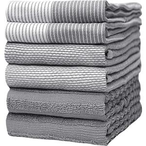 Premium Kitchen Towels (20x 28, 6 Pack) | Large Cotton Dish Towels | Flat & Terry Highly Absorbent Kitchen Linen Set with Hanging Loop | Gray