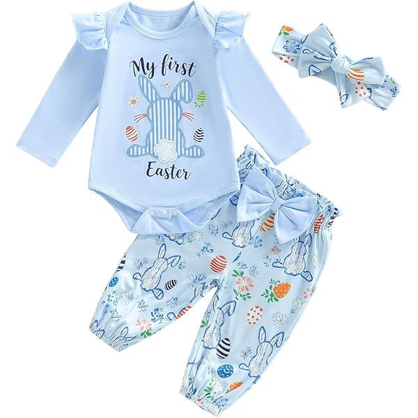 JiAmy Baby Girls My 1st Easter Outfit Newborn 3 Piece Romper Headband Pant Sets Blue Rabbit Egg 0-3M