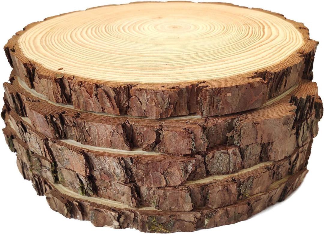 Natural Wood Slices Round Pine Wood Slabs 5 Pack Round Rustic Woods Slices 9"-11" Rustic Tree Bark Slice Weathered Log Disc Outdoor Country Barn Wedding Table