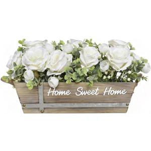 Artificial Rose Flower Arrangement with Eucalyptus in Wooden Planter, Faux Flowers Farmhouse Table Centerpiece, Home Sweet Home Rustic Home Dcor, White