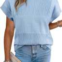EVALESS Sweater Vest Women Short Sleeve Crewneck Color Block Knit Tops 2026 Fall Trendy Sweaters Lightweight Checkered Cap Sleeve Sweater Womens Casual Going Out Cute Clothes Sky Blue XX-Large