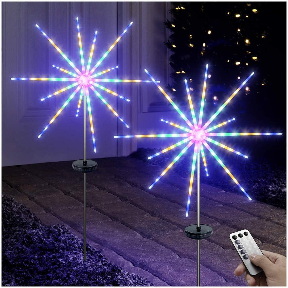 DenicMic Solar Firework Meteor Lights 2 Pack Outdoor Solar Garden Decorative Starry Starburst Lights with Remote, 8 Modes Landscape Path Patio Yard Christmas Decor (Multicolor)
