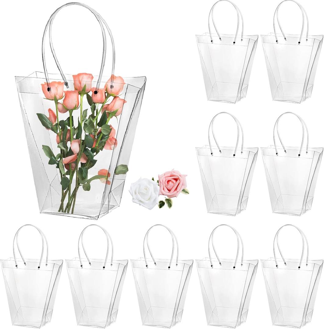 SOUJOY 10 Pack Clear Flower Bouquet Bags, Gift Bags with Long Handles, Party Floral Packing Wrap Bag for Valentine Day, Birthdays, Mother's Day, Fathers Day, Wedding, Anniversary, Housewarming