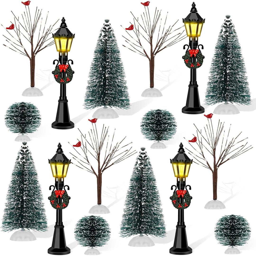 16 PCS Christmas Figurine Village Accessories, Mini Street Light Models with Brush Trees, Miniature Christmas Pathway Street Lamps Lantern Post for DIY Micro Landscape Fairy Garden