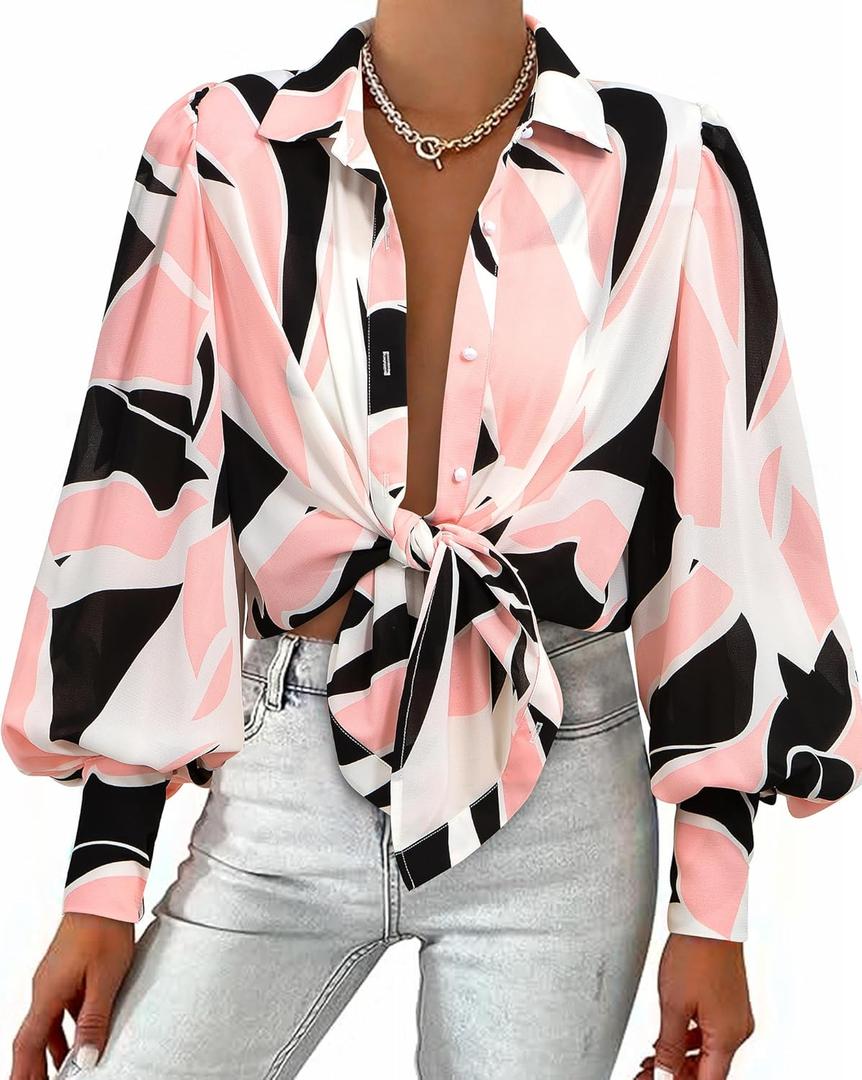 BTFBM Women Fashion Button Down Shirts 2026 V Neck Boho Printed Long Sleeve Blouses Dressy Casual Spring Fall Tops (XX-Large, Print Black Pink)